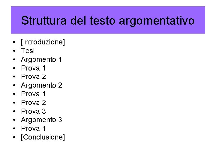 Struttura del testo argomentativo • • • [Introduzione] Tesi Argomento 1 Prova 2 Argomento