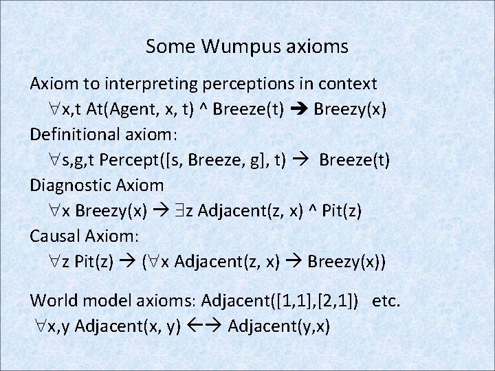 Some Wumpus axioms Axiom to interpreting perceptions in context x, t At(Agent, x, t)