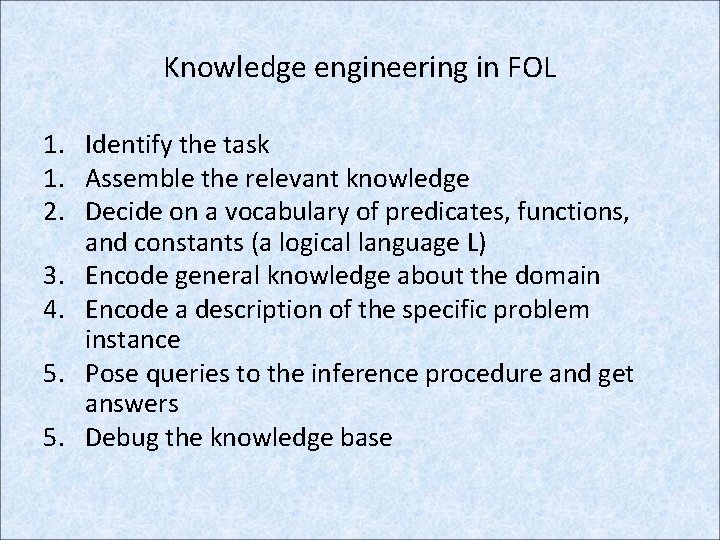 Knowledge engineering in FOL 1. Identify the task 1. Assemble the relevant knowledge 2.