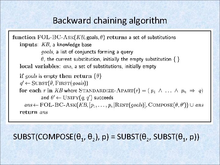 Backward chaining algorithm SUBST(COMPOSE(θ 1, θ 2), p) = SUBST(θ 2, SUBST(θ 1, p))