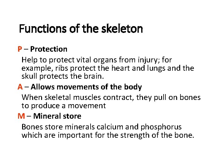 Functions of the skeleton P – Protection Help to protect vital organs from injury; Functions of the skeleton P – Protection Help to protect vital organs from injury;