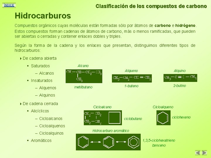 Clasificación de los compuestos de carbono ÍNDICE Hidrocarburos Compuestos orgánicos cuyas moléculas están formadas