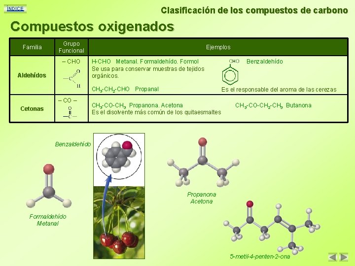 Clasificación de los compuestos de carbono ÍNDICE Compuestos oxigenados Familia Grupo Funcional – CHO