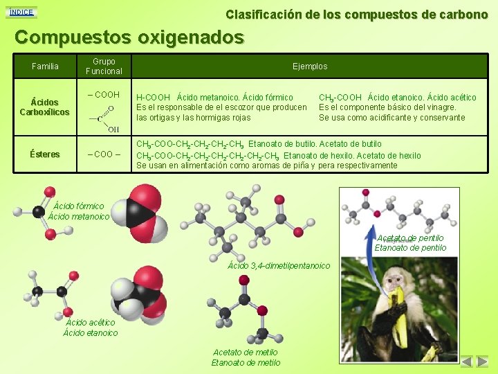 Clasificación de los compuestos de carbono ÍNDICE Compuestos oxigenados Grupo Funcional Familia Ácidos Carboxílicos