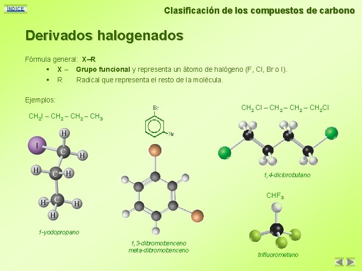 Clasificación de los compuestos de carbono ÍNDICE Derivados halogenados Fórmula general: X–R § X