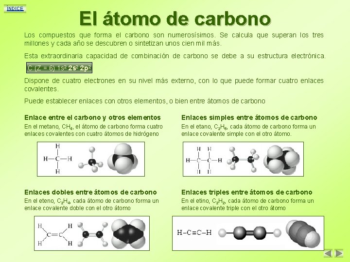 ÍNDICE El átomo de carbono Los compuestos que forma el carbono son numerosísimos. Se