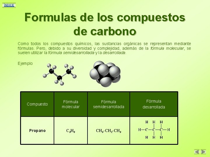 ÍNDICE Formulas de los compuestos de carbono Como todos los compuestos químicos, las sustancias