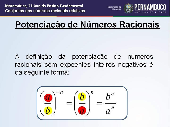 Matemática, 7º Ano do Ensino Fundamental Conjuntos dos números racionais relativos Potenciação de Números Matemática, 7º Ano do Ensino Fundamental Conjuntos dos números racionais relativos Potenciação de Números
