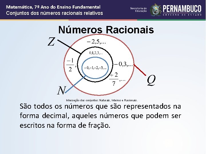 Matemática, 7º Ano do Ensino Fundamental Conjuntos dos números racionais relativos Números Racionais Interseção Matemática, 7º Ano do Ensino Fundamental Conjuntos dos números racionais relativos Números Racionais Interseção