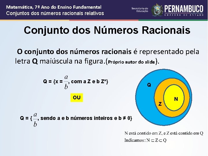 Matemática, 7º Ano do Ensino Fundamental Conjuntos dos números racionais relativos Conjunto dos Números Matemática, 7º Ano do Ensino Fundamental Conjuntos dos números racionais relativos Conjunto dos Números
