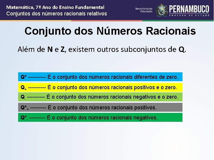 Matemática, 7º Ano do Ensino Fundamental Conjuntos dos números racionais relativos Conjunto dos Números Matemática, 7º Ano do Ensino Fundamental Conjuntos dos números racionais relativos Conjunto dos Números