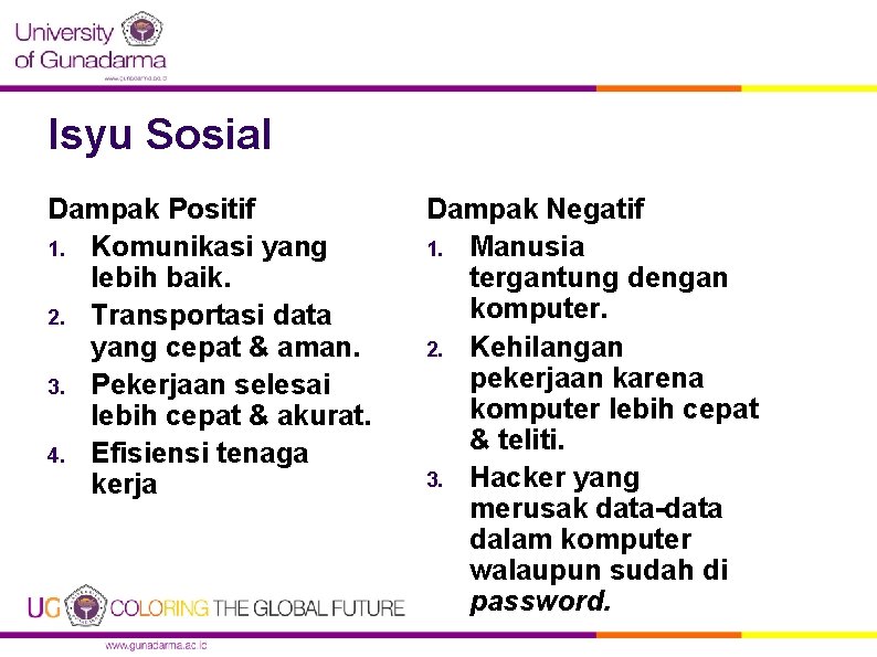 Isyu Sosial Dampak Positif 1. Komunikasi yang lebih baik. 2. Transportasi data yang cepat