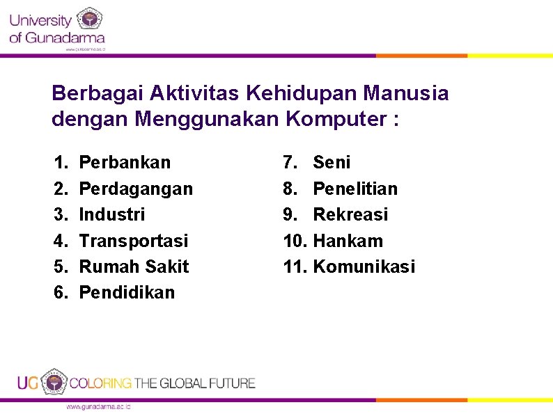 Berbagai Aktivitas Kehidupan Manusia dengan Menggunakan Komputer : 1. 2. 3. 4. 5. 6.