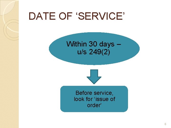 DATE OF ‘SERVICE’ Within 30 days – u/s 249(2) Before service, look for ‘issue