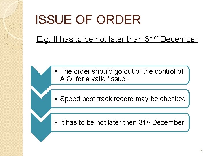 ISSUE OF ORDER E. g. It has to be not later than 31 st