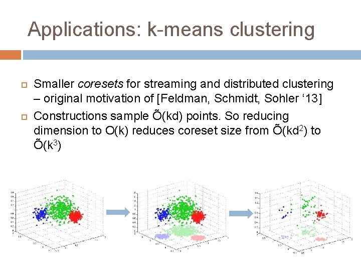 Applications: k-means clustering Smaller coresets for streaming and distributed clustering – original motivation of Applications: k-means clustering Smaller coresets for streaming and distributed clustering – original motivation of
