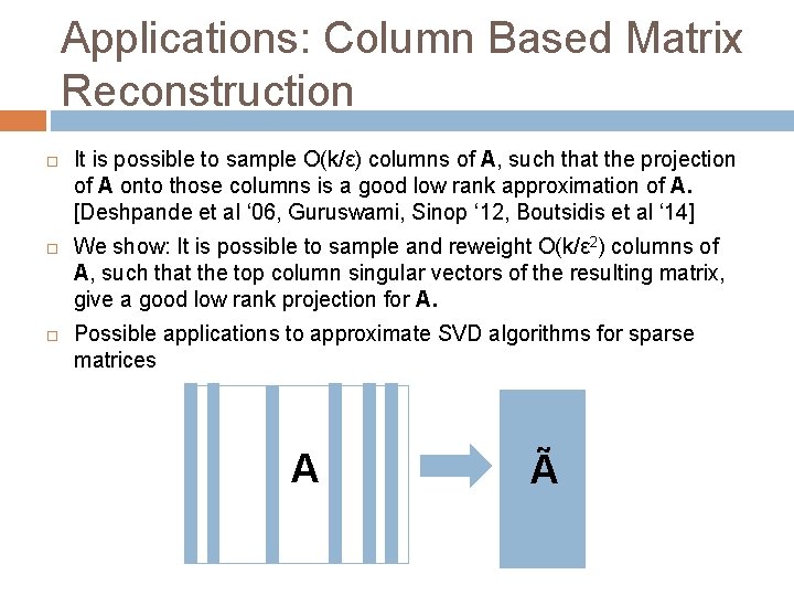 Applications: Column Based Matrix Reconstruction It is possible to sample O(k/ε) columns of A, Applications: Column Based Matrix Reconstruction It is possible to sample O(k/ε) columns of A,