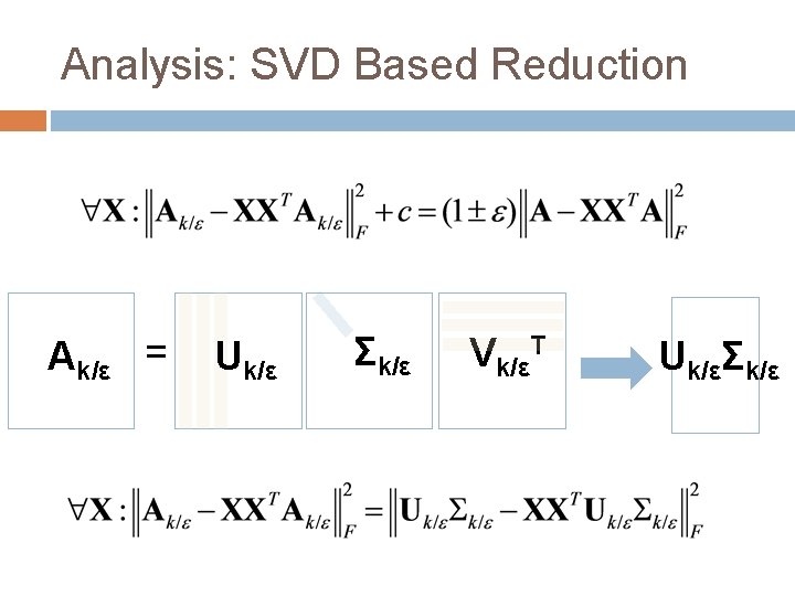 Analysis: SVD Based Reduction Ak/ε = Uk/ε Σk/ε Vk/εT Uk/εΣk/ε Analysis: SVD Based Reduction Ak/ε = Uk/ε Σk/ε Vk/εT Uk/εΣk/ε