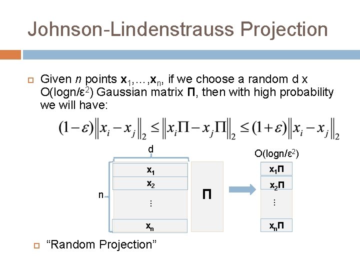Johnson-Lindenstrauss Projection Given n points x 1, …, xn, if we choose a random Johnson-Lindenstrauss Projection Given n points x 1, …, xn, if we choose a random