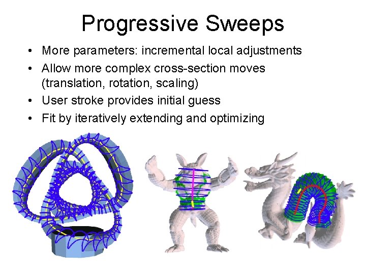 Progressive Sweeps • More parameters: incremental local adjustments • Allow more complex cross-section moves