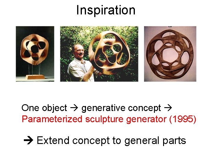 Inspiration One object generative concept Parameterized sculpture generator (1995) Extend concept to general parts