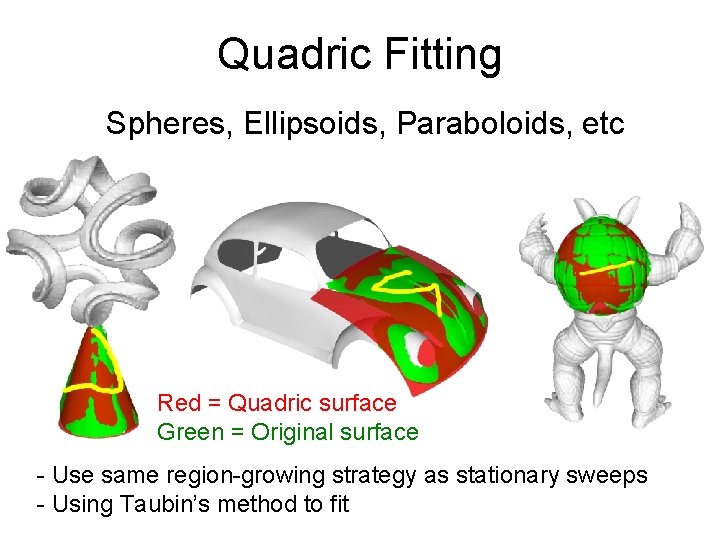 Quadric Fitting Spheres, Ellipsoids, Paraboloids, etc Red = Quadric surface Green = Original surface