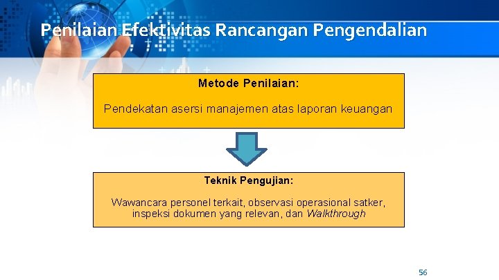 Penilaian Efektivitas Rancangan Pengendalian Metode Penilaian: Pendekatan asersi manajemen atas laporan keuangan Teknik Pengujian: