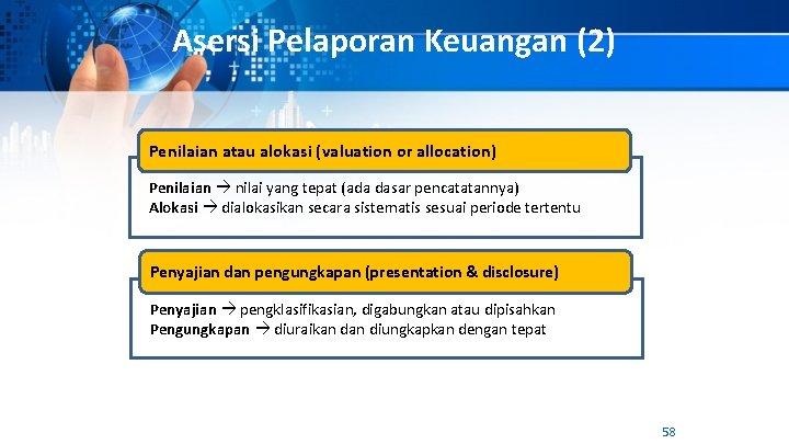 Asersi Pelaporan Keuangan (2) Penilaian atau alokasi (valuation or allocation) Penilaian nilai yang tepat