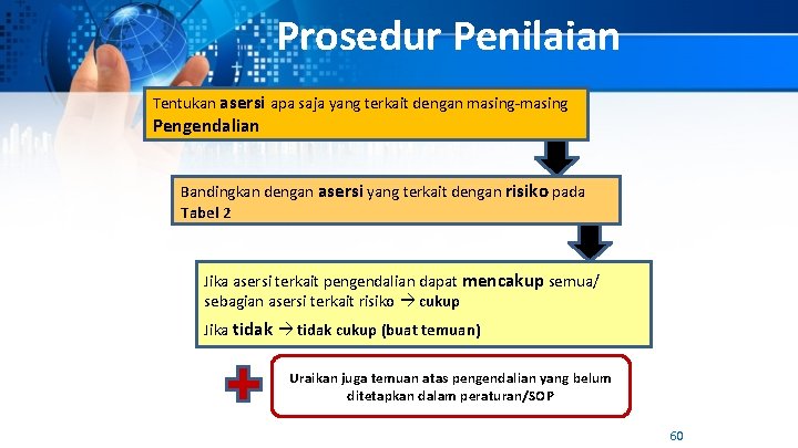 Prosedur Penilaian Tentukan asersi apa saja yang terkait dengan masing-masing Pengendalian Bandingkan dengan asersi