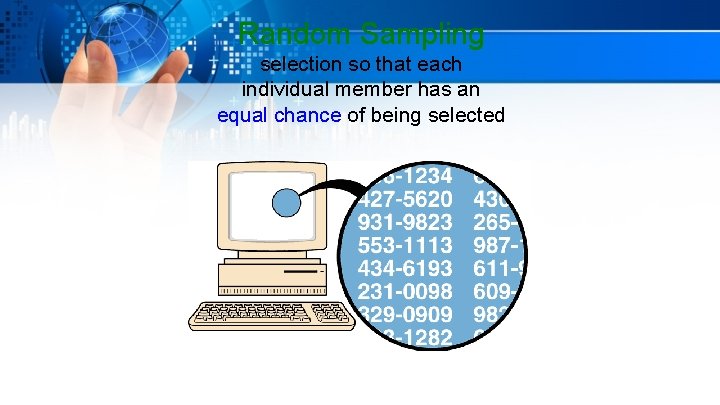 Random Sampling selection so that each individual member has an equal chance of being