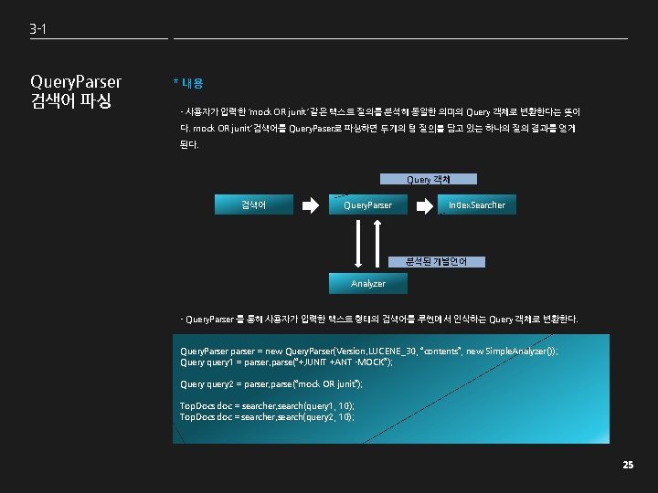 3 -1 Query. Parser 검색어 파싱 * 내용 - 사용자가 입력한 ‘mock OR junit’