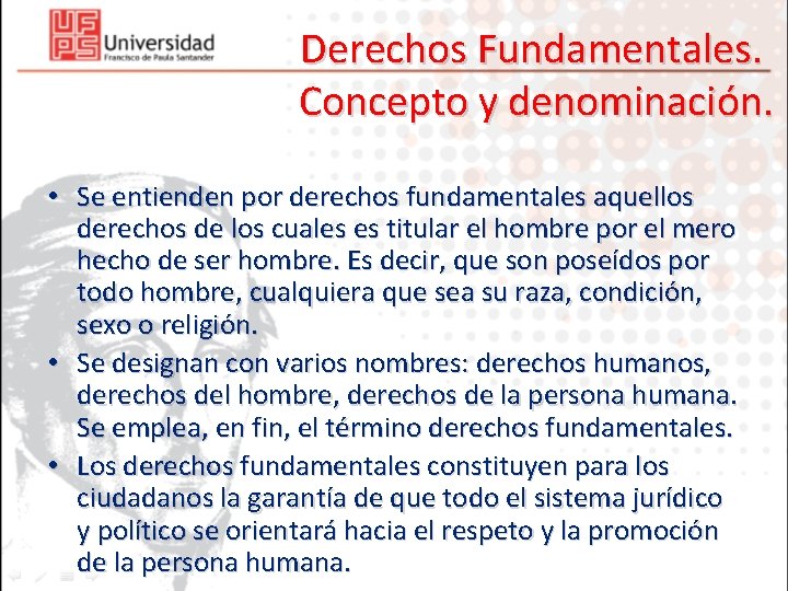 Derechos Fundamentales. Concepto y denominación. • Se entienden por derechos fundamentales aquellos derechos de