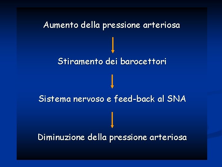 Aumento della pressione arteriosa Stiramento dei barocettori Sistema nervoso e feed-back al SNA Diminuzione