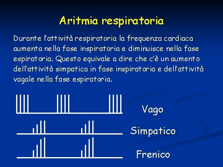 Aritmia respiratoria Durante l’attività respiratoria la frequenza cardiaca aumenta nella fase inspiratoria e diminuisce Aritmia respiratoria Durante l’attività respiratoria la frequenza cardiaca aumenta nella fase inspiratoria e diminuisce