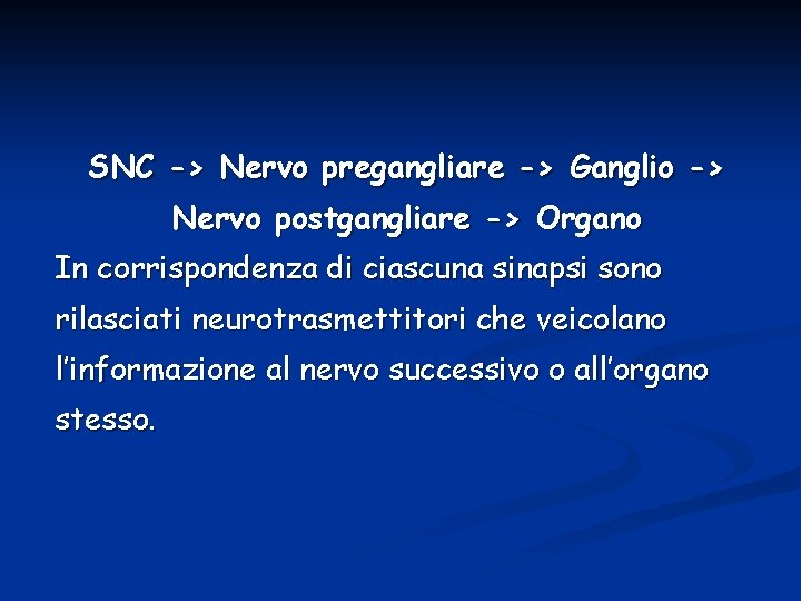 SNC -> Nervo pregangliare -> Ganglio -> Nervo postgangliare -> Organo In corrispondenza di