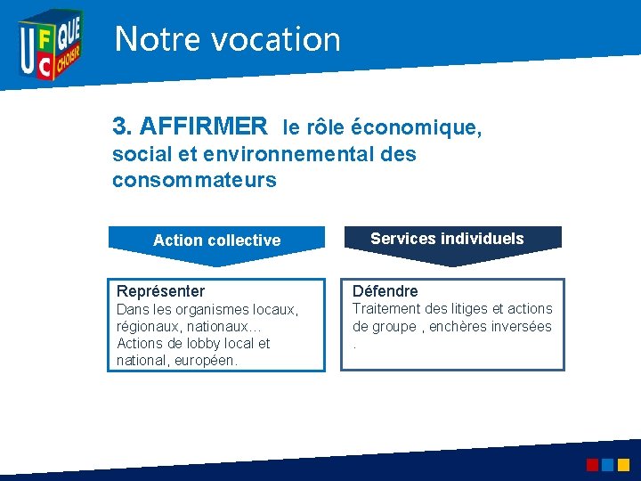 Notre vocation 3. AFFIRMER le rôle économique, social et environnemental des consommateurs Action collective