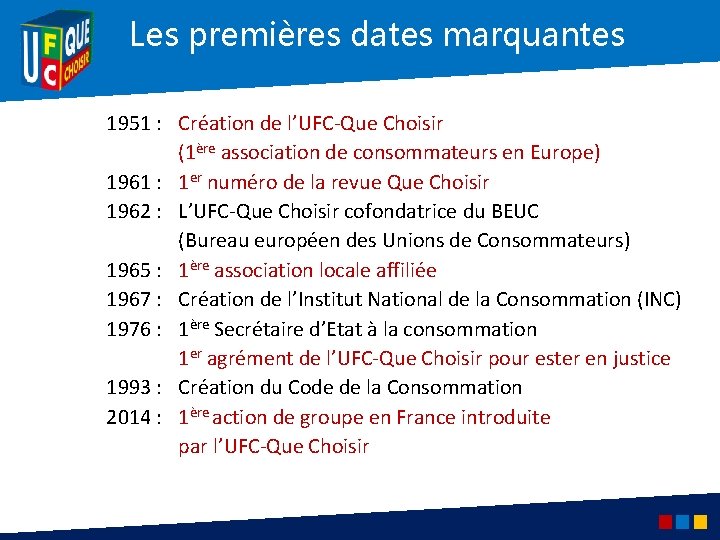 Les premières dates marquantes 1951 : Création de l’UFC-Que Choisir (1ère association de consommateurs