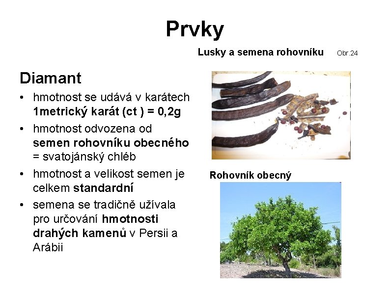Prvky Lusky a semena rohovníku Diamant • hmotnost se udává v karátech 1 metrický Prvky Lusky a semena rohovníku Diamant • hmotnost se udává v karátech 1 metrický
