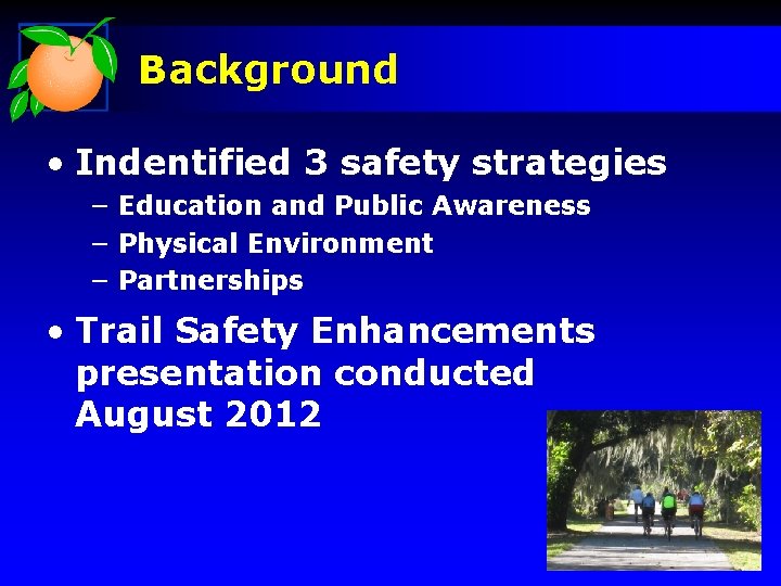 Background • Indentified 3 safety strategies − Education and Public Awareness − Physical Environment