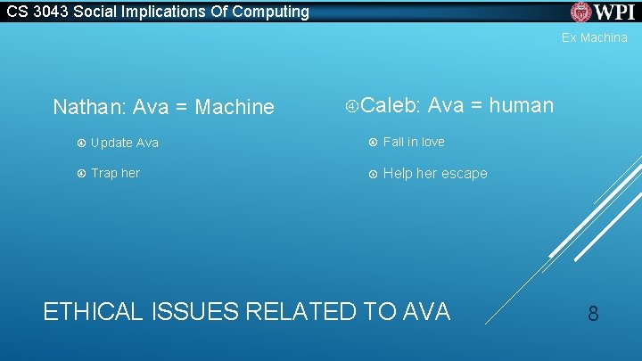 CS 3043 Social Implications Of Computing Ex Machina Nathan: Ava = Machine Caleb: Ava