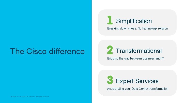 Simplification Breaking down siloes. No technology religion. The Cisco difference Transformational Bridging the gap