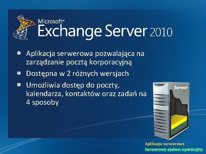 Aplikacja serwerowa pozwalająca na zarządzanie pocztą korporacyjną Dostępna w 2 różnych wersjach Umożliwia dostęp