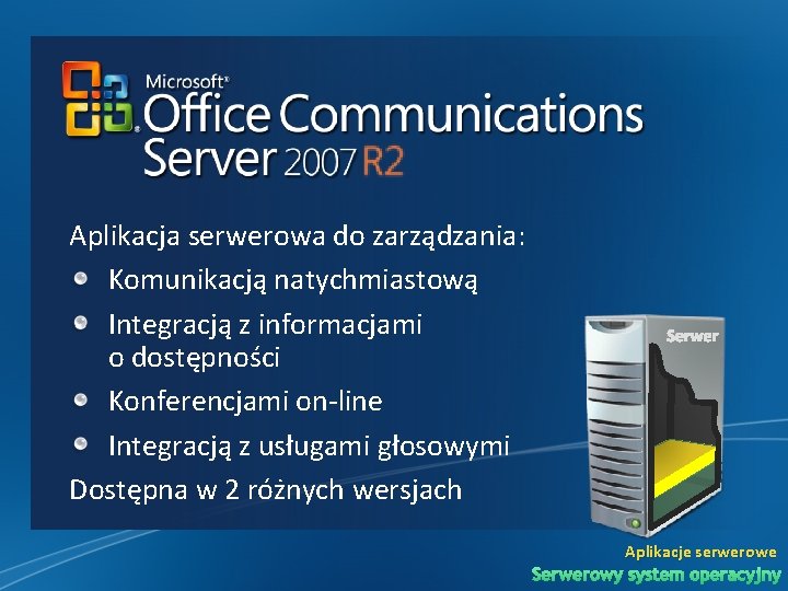 Aplikacja serwerowa do zarządzania: Komunikacją natychmiastową Integracją z informacjami o dostępności Konferencjami on-line Integracją