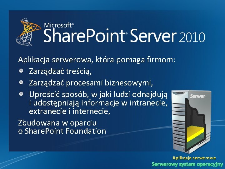 Aplikacja serwerowa, która pomaga firmom: Zarządzać treścią, Zarządzać procesami biznesowymi, Uprościć sposób, w jaki