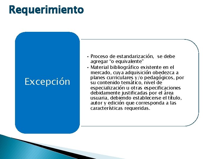 Requerimiento Excepción • Proceso de estandarización, se debe agregar “o equivalente” • Material bibliográfico