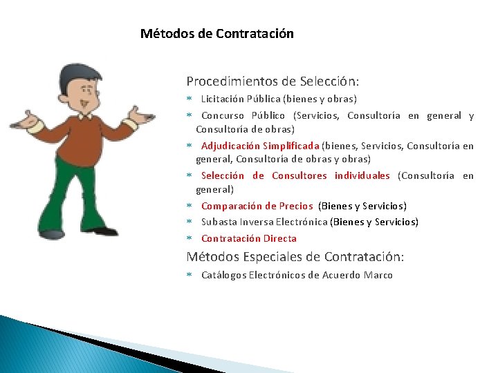 Métodos de Contratación Procedimientos de Selección: Licitación Pública (bienes y obras) Concurso Público (Servicios,