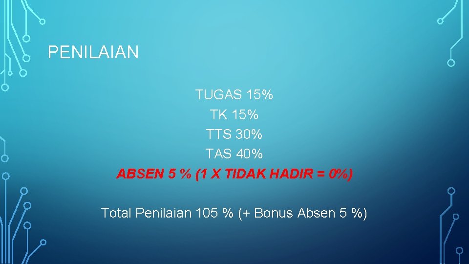 PENILAIAN TUGAS 15% TK 15% TTS 30% TAS 40% ABSEN 5 % (1 X