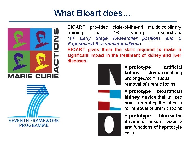 What Bioart does… BIOART provides state-of-the-art multidisciplinary training for 16 young researchers (11 Early