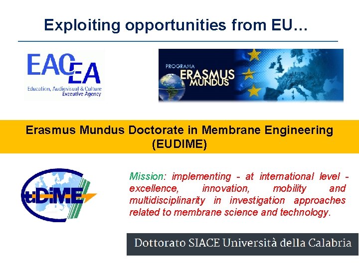 Exploiting opportunities from EU… Erasmus Mundus Doctorate in Membrane Engineering (EUDIME) Mission: implementing -