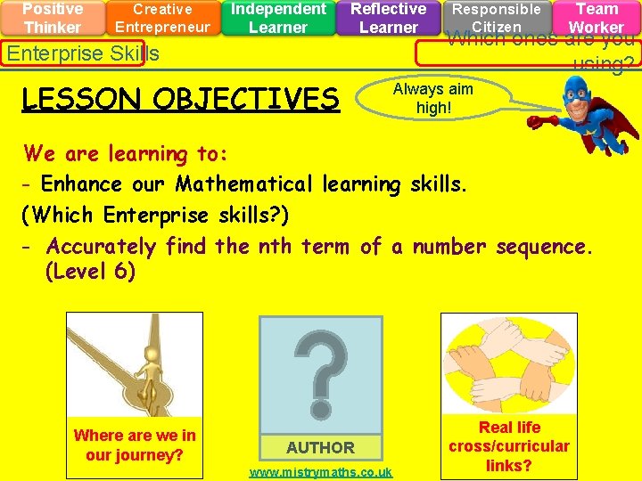 Positive Thinker Creative Entrepreneur Independent Learner Reflective Learner Enterprise Skills LESSON OBJECTIVES Responsible Citizen